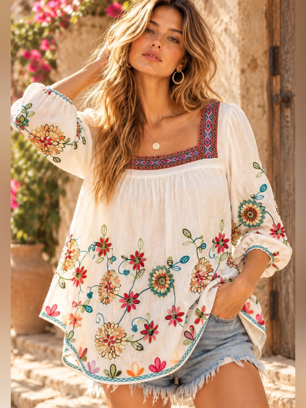 Caleena Embroidered Floral Boho Tunic Blouse White Multicolor Size Small